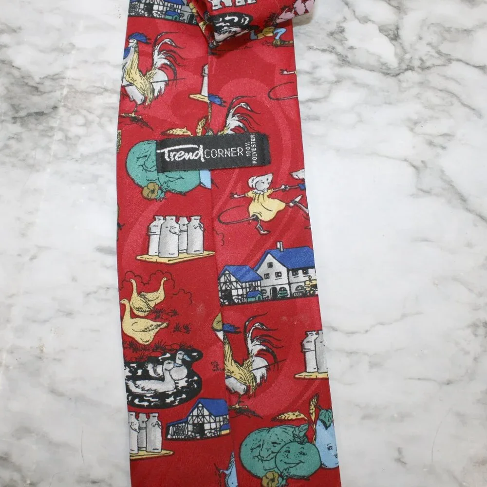 TREND CORNER Necktie Farmer Cow Chores Country Farm Animals Novelty Neck Tie Red